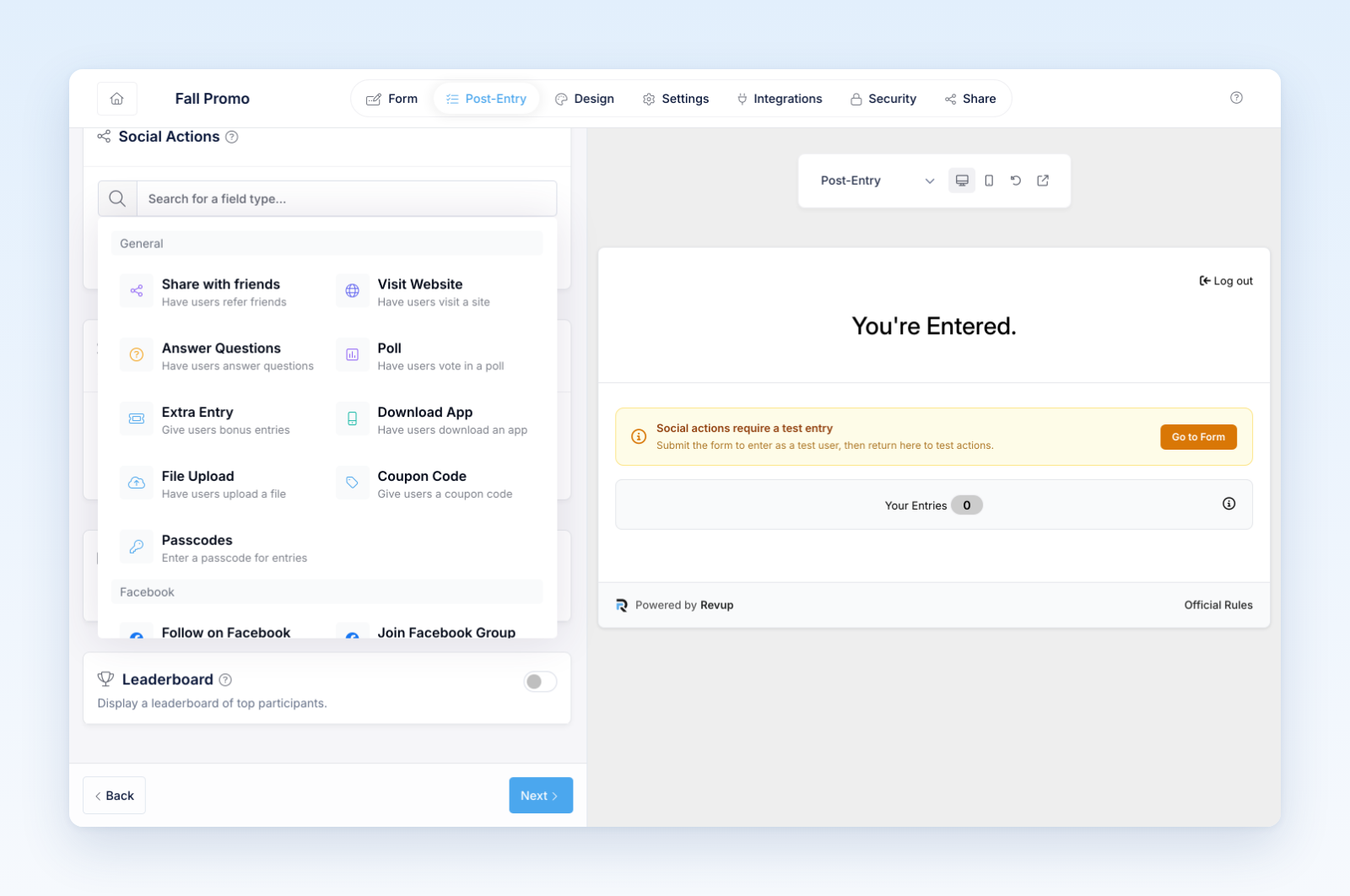 Social Actions search open with General actions such as Share with friends, Visit Website, Answer Questions, and Extra Entry