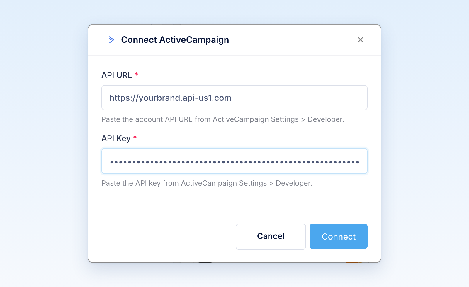 Connect ActiveCampaign window with API URL and API Key fields
