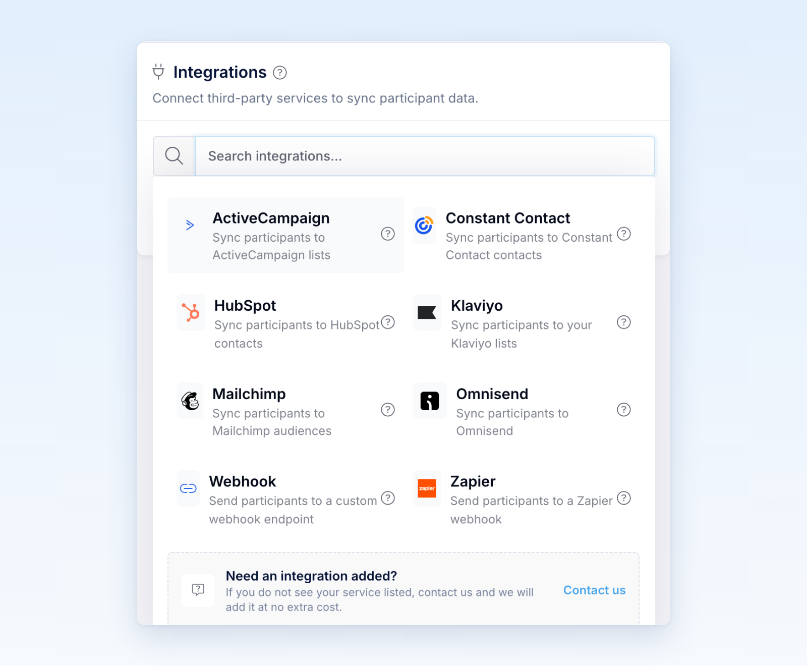 Integration list with ActiveCampaign among the available integrations