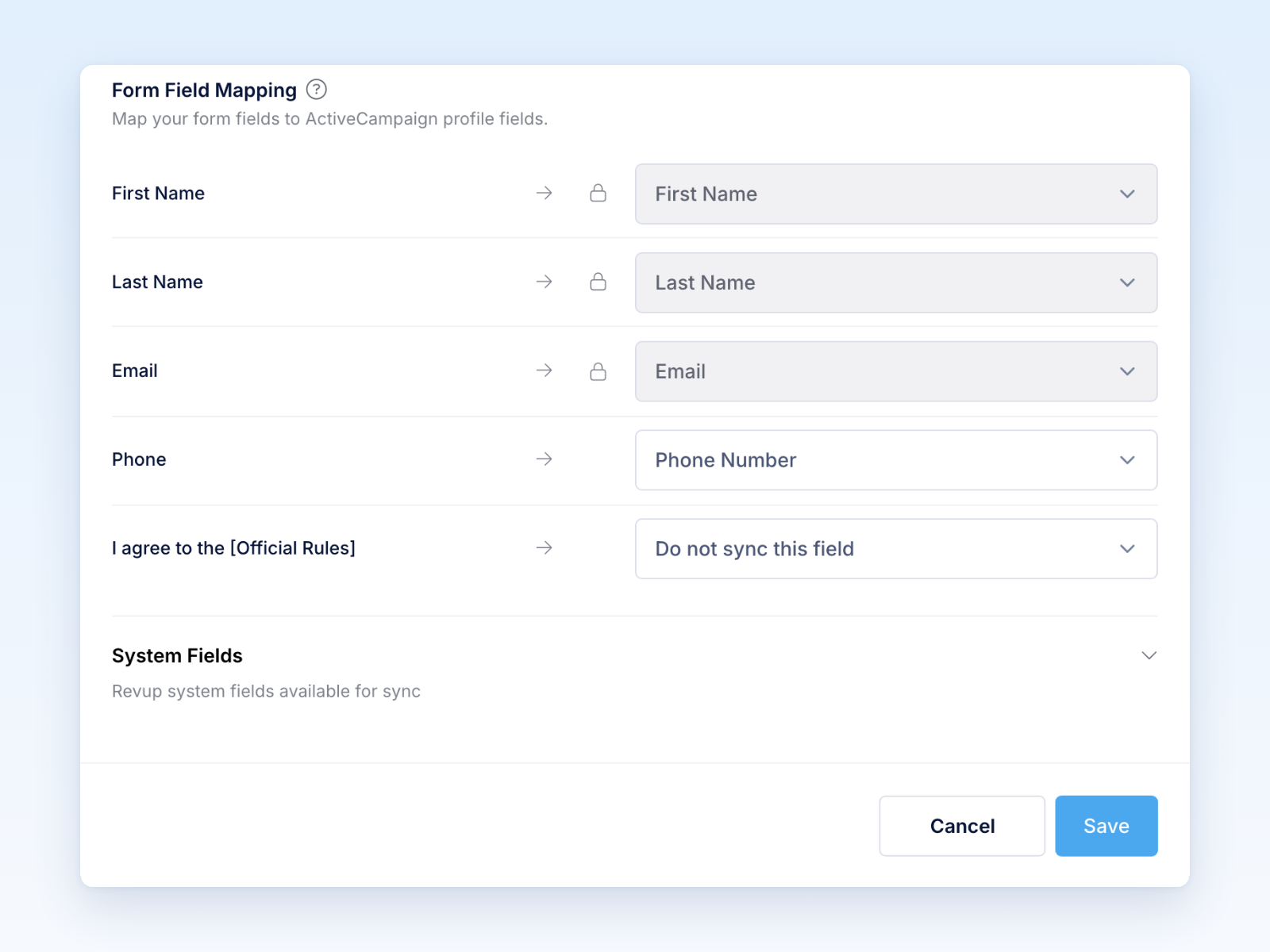 Form Field Mapping with First Name, Last Name, and Email locked, Phone mapped to Phone Number, and the rules checkbox set to Do not sync this field