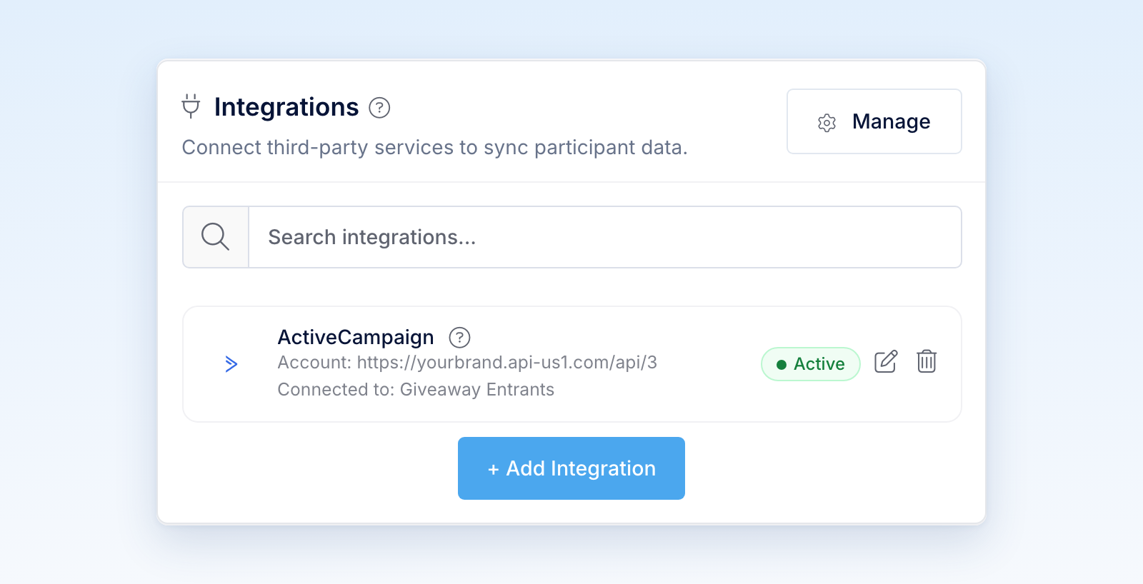 Integrations panel showing the ActiveCampaign card as Active and connected to a list