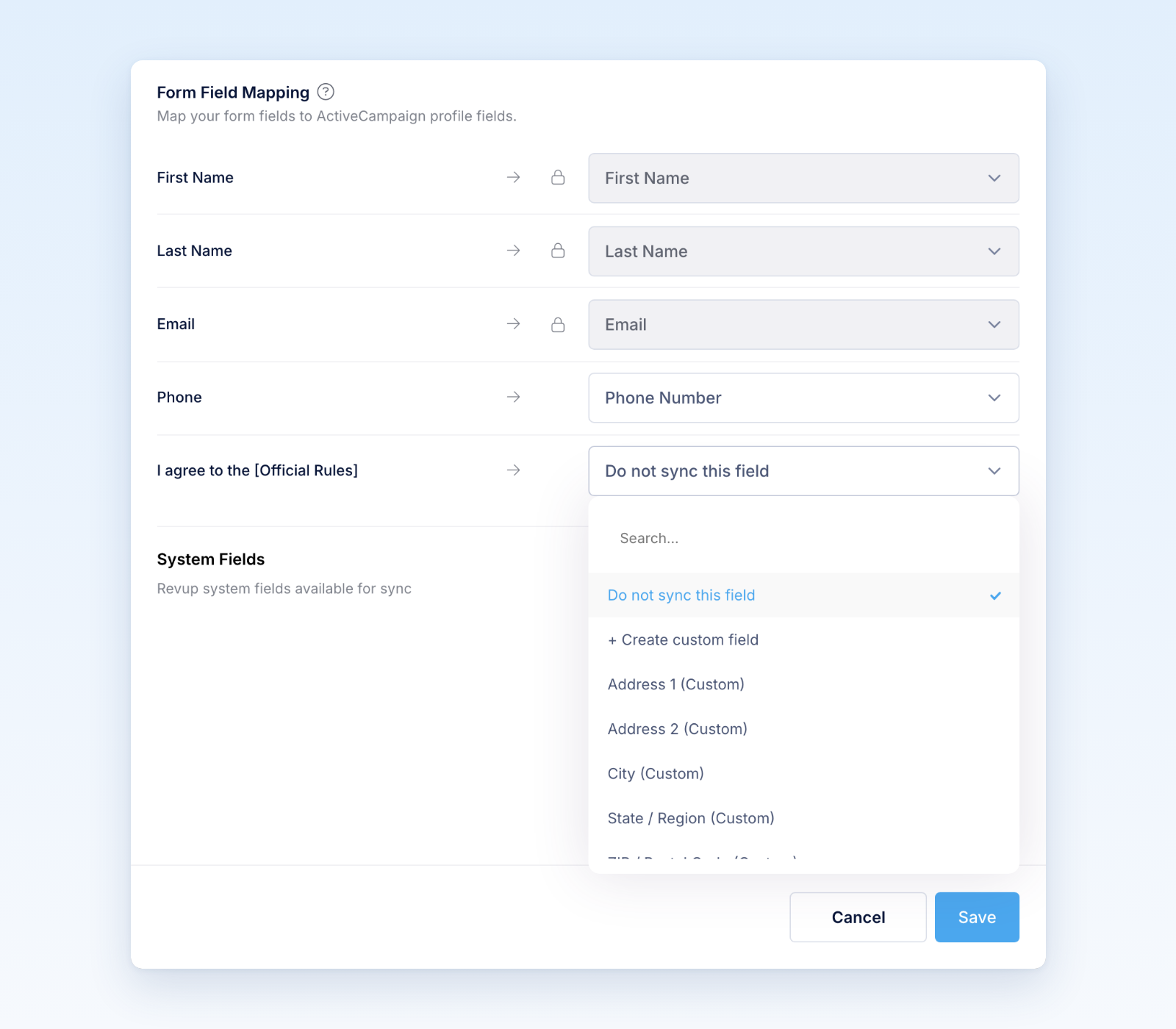 Field mapping dropdown open, listing Do not sync this field, + Create custom field, and ActiveCampaign custom fields