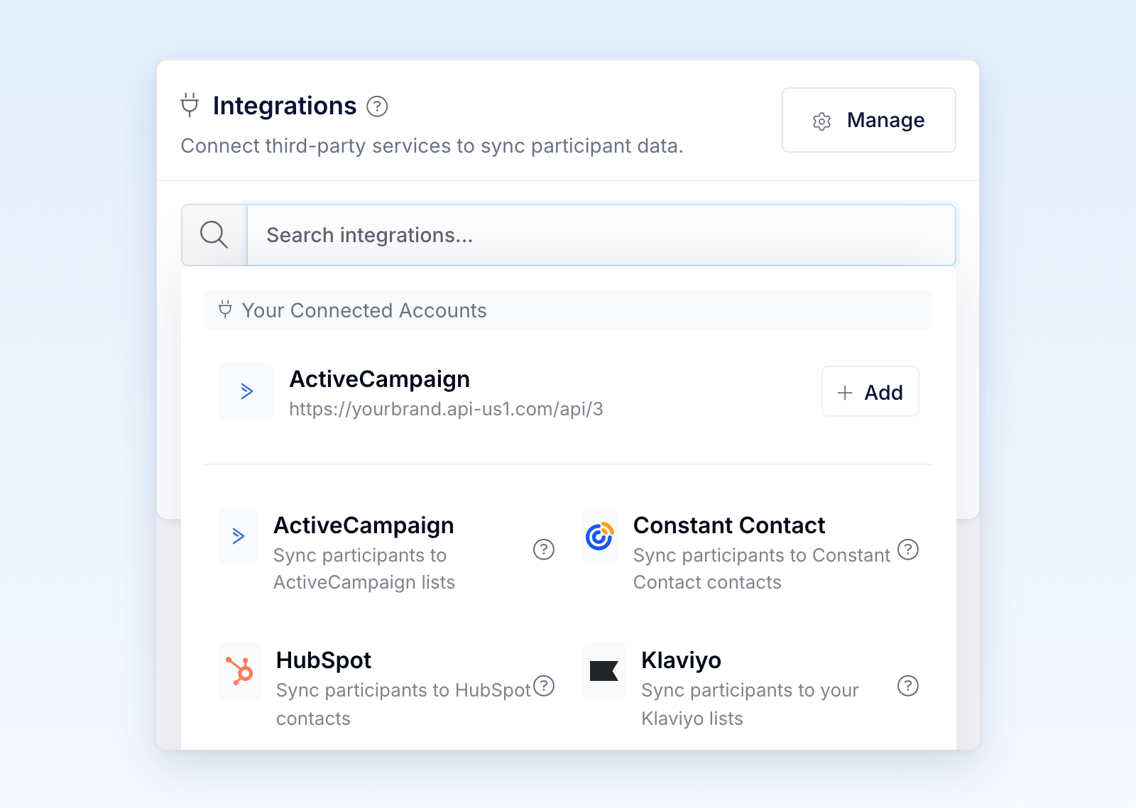 Integration list with ActiveCampaign under Your Connected Accounts and an Add button