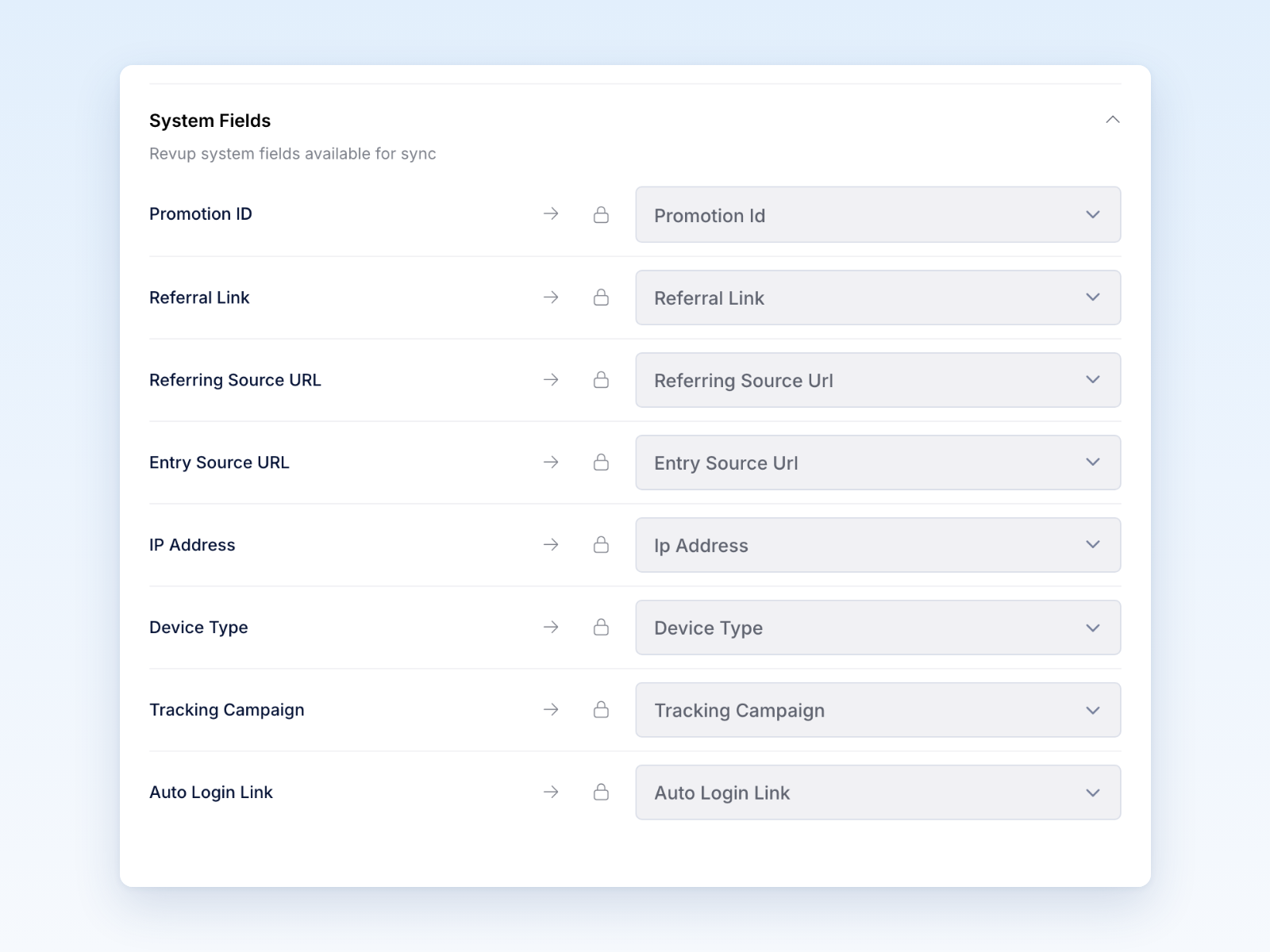 System Fields section with eight locked Revup fields