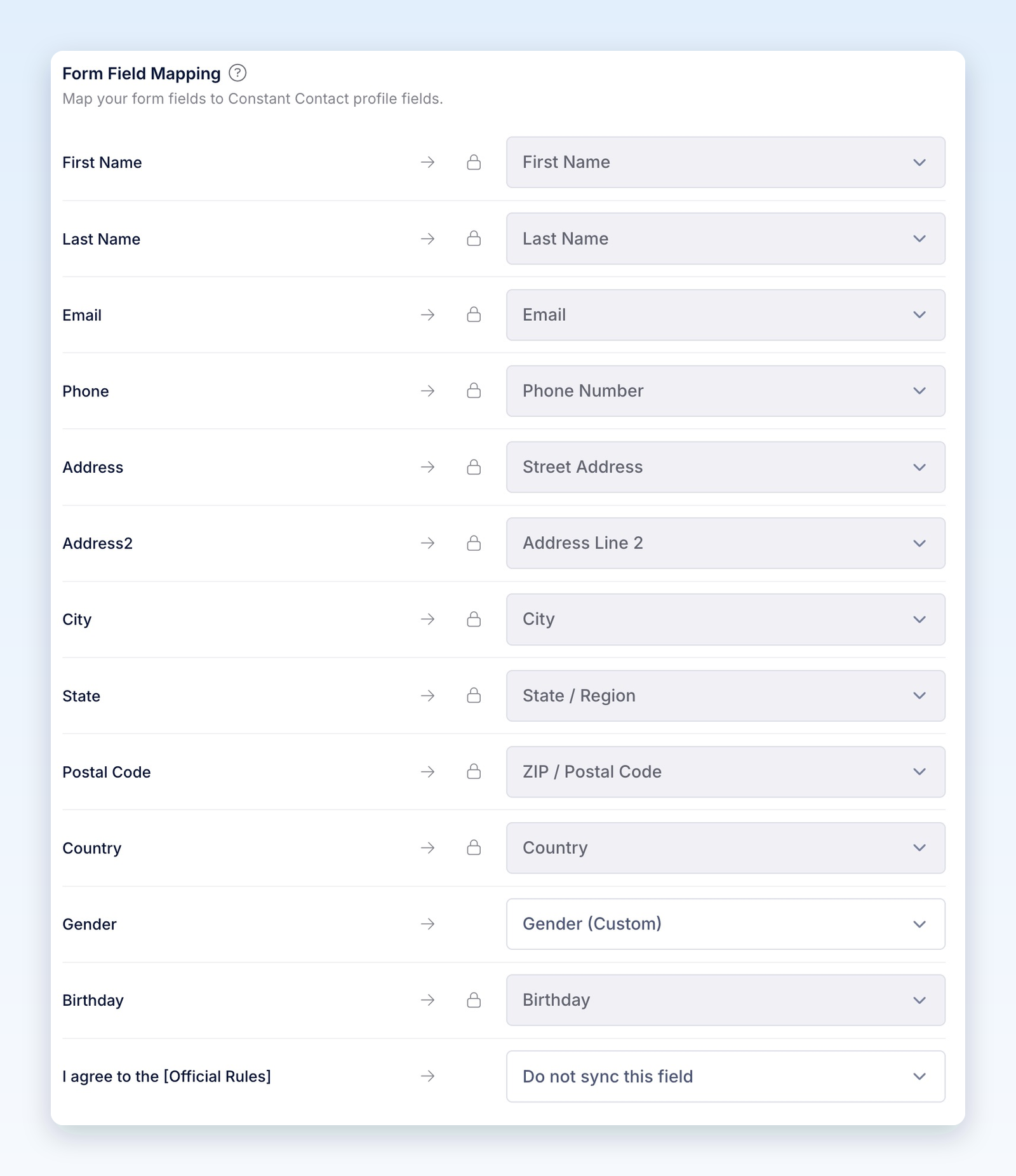 Form Field Mapping with locked contact and address fields, Gender mapped to a custom field, and Official Rules set to Do not sync this field