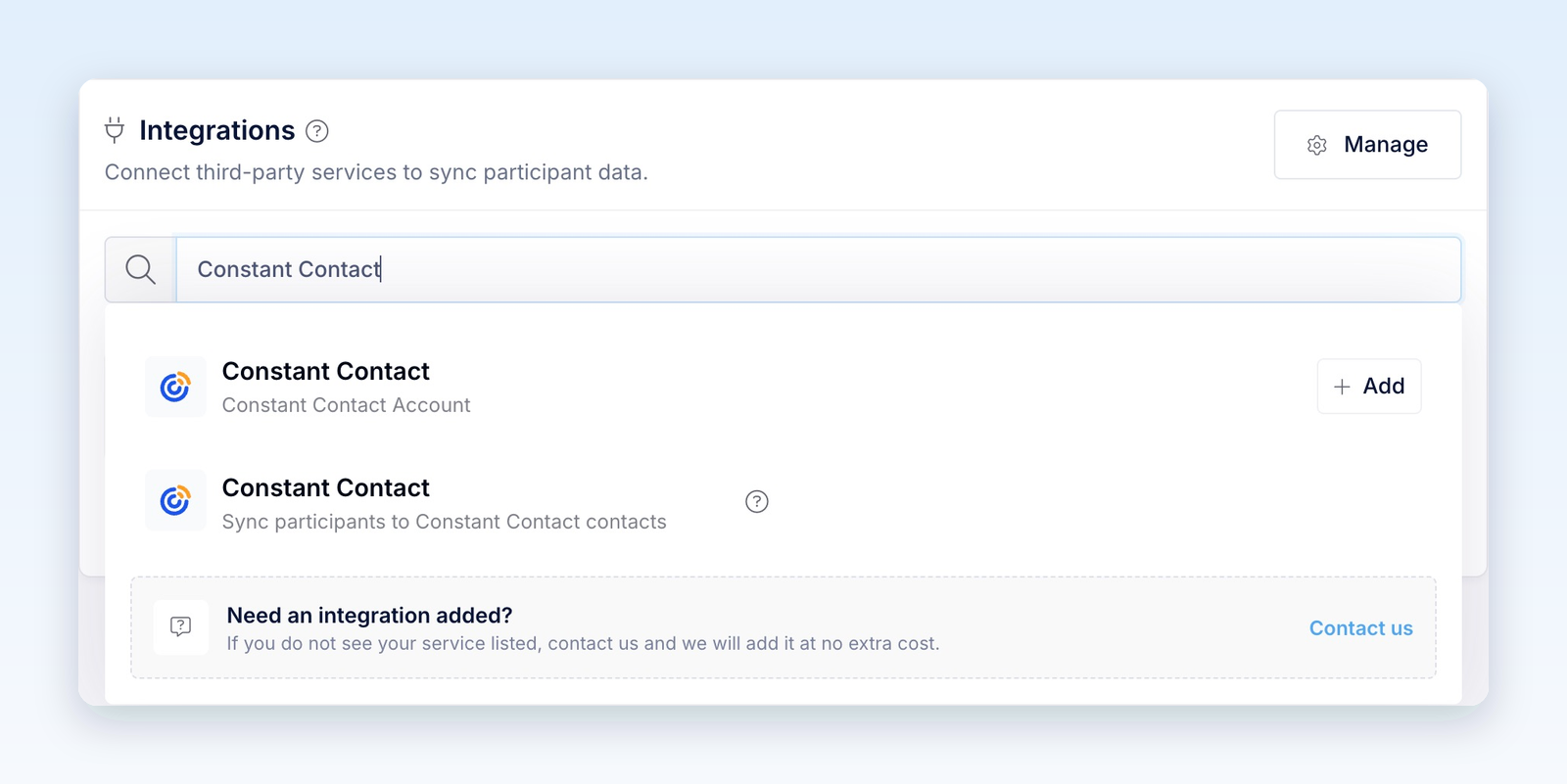 Integration picker with Constant Contact among the available integrations