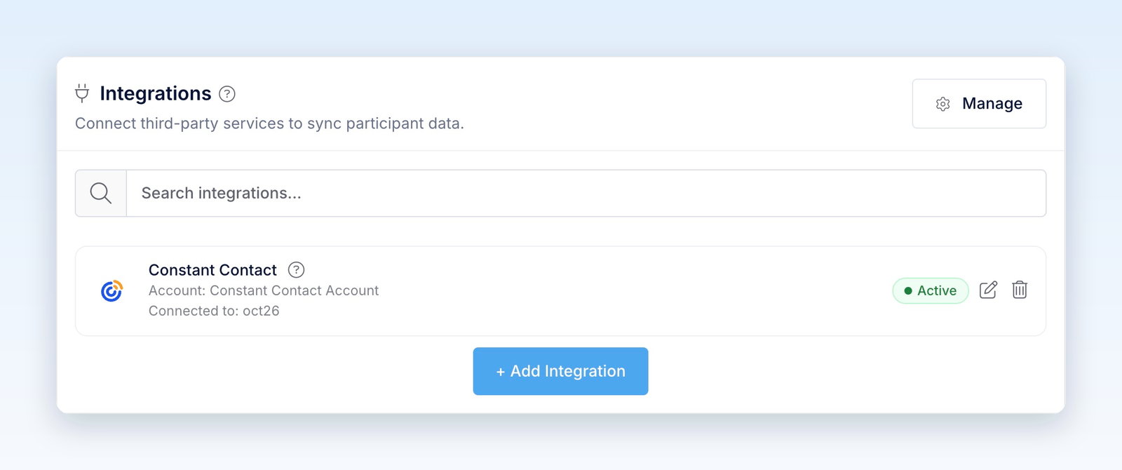 Integrations panel showing Constant Contact as Active and connected to the oct26 list