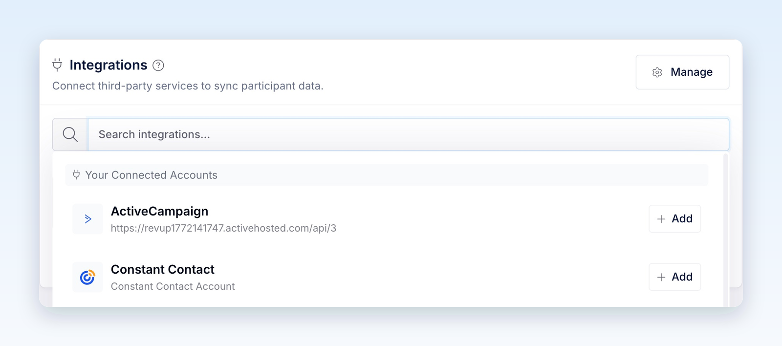 Your Connected Accounts with Constant Contact and its Add button