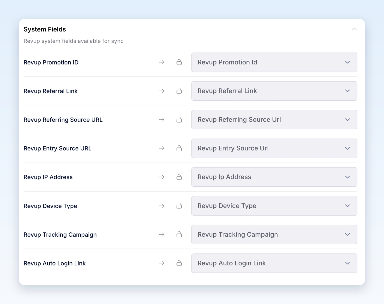 System Fields expanded with eight locked Revup fields