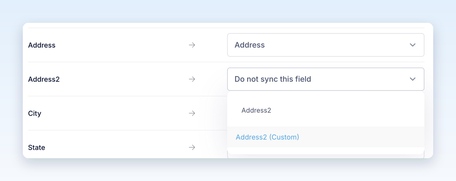 Address2 mapping dropdown searched for Address2, with an existing Address2 custom property available to select