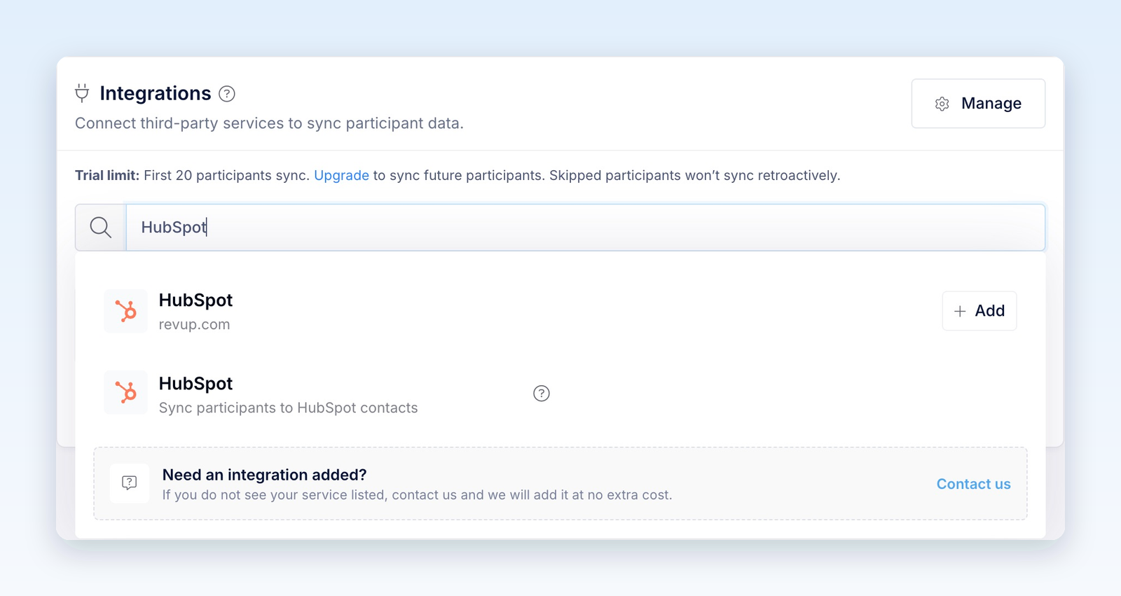Integration picker showing HubSpot among the available integrations and an existing HubSpot account with an Add button