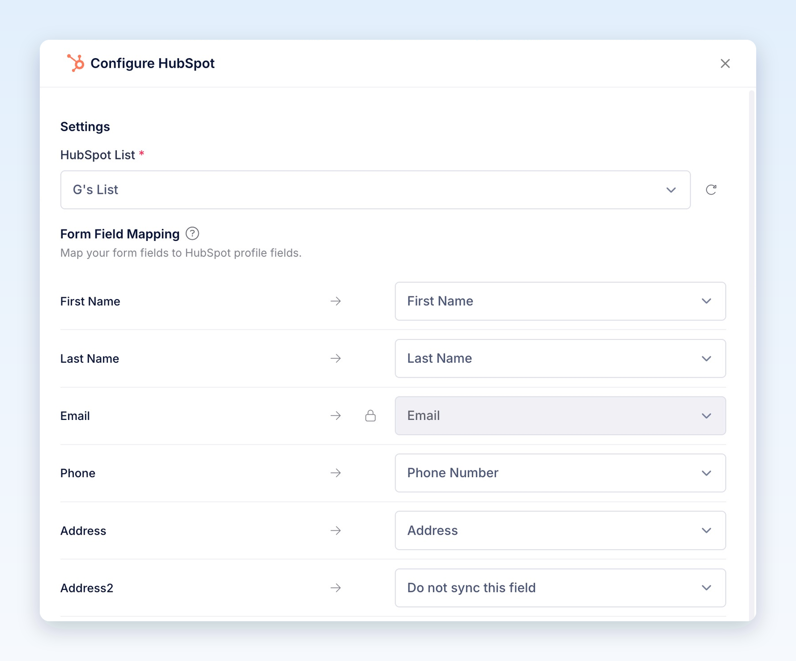Configure HubSpot with a list selected, Email locked, standard contact fields mapped, and Address2 set to Do not sync this field