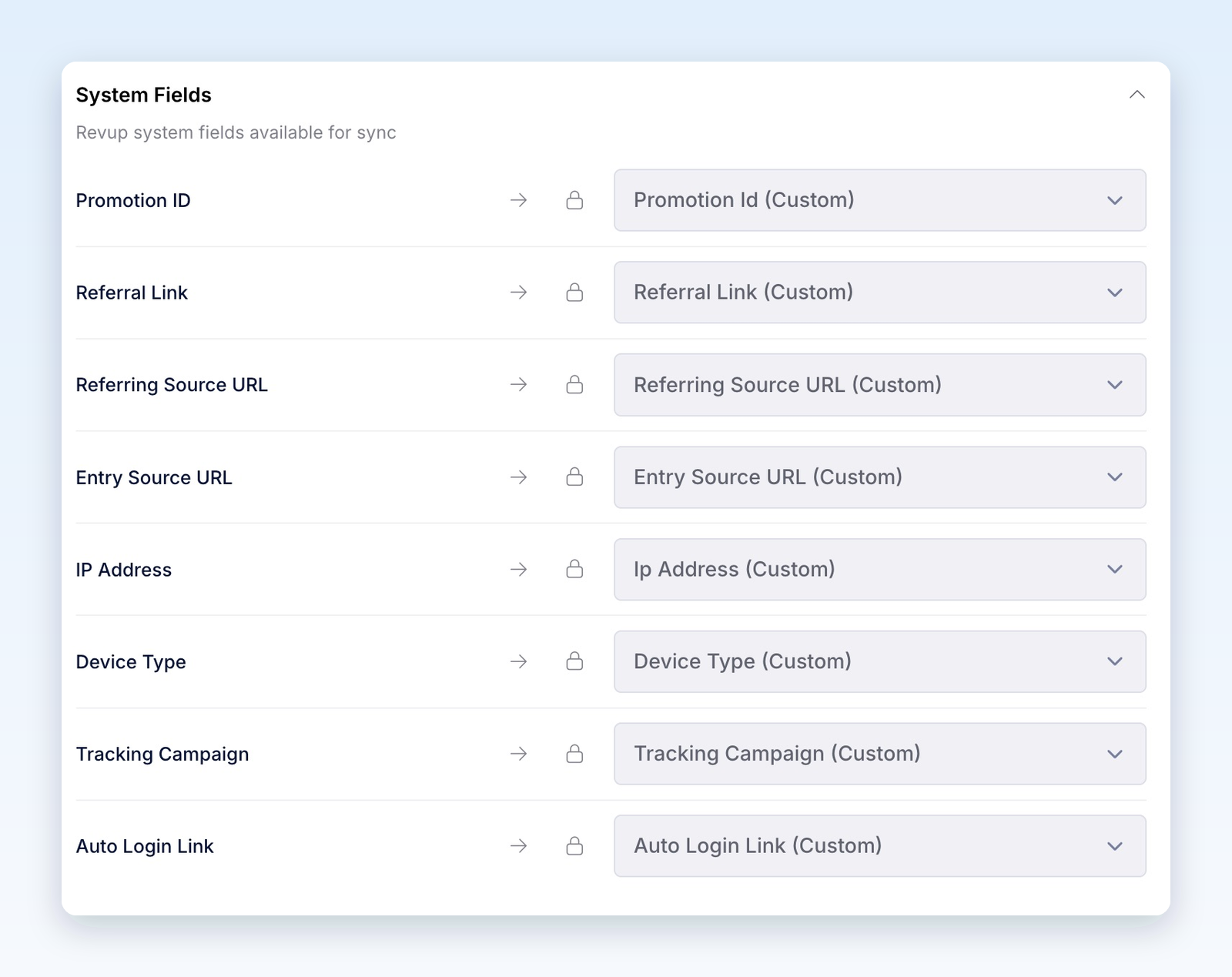 Expanded System Fields section showing eight locked mappings to HubSpot custom properties