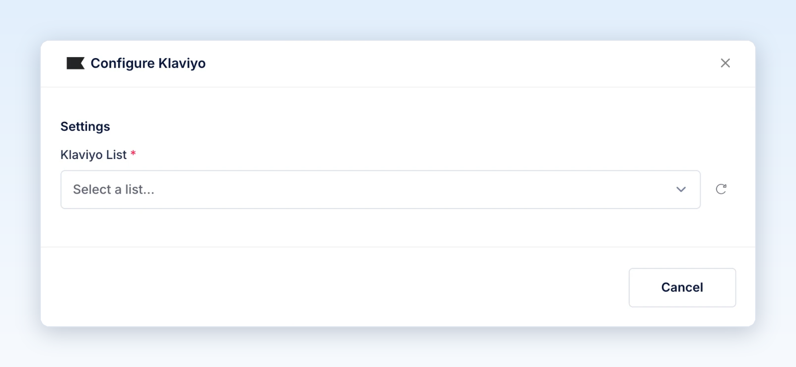 Configure Klaviyo window with the Klaviyo List dropdown