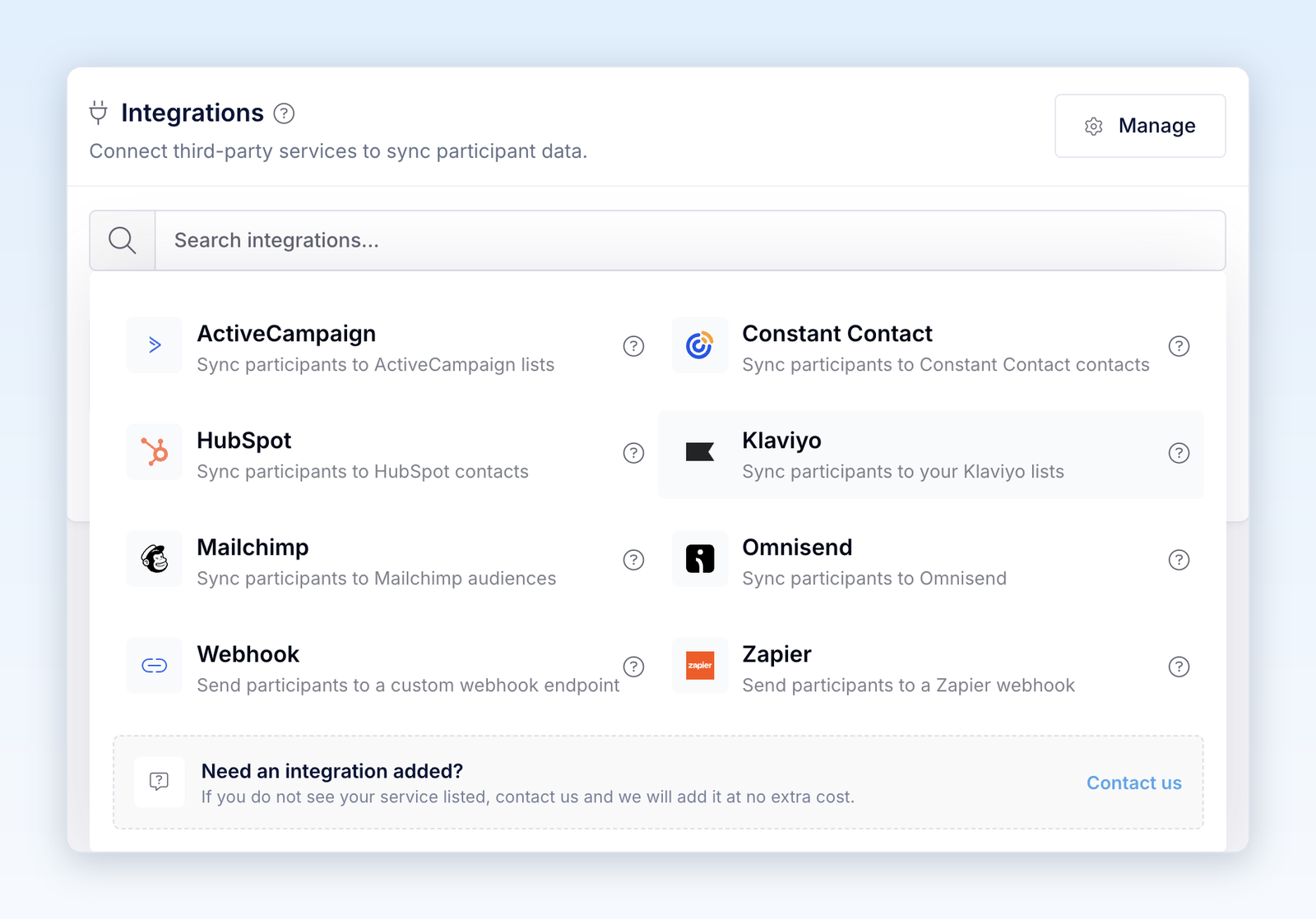 Integration list with Klaviyo among the available integrations