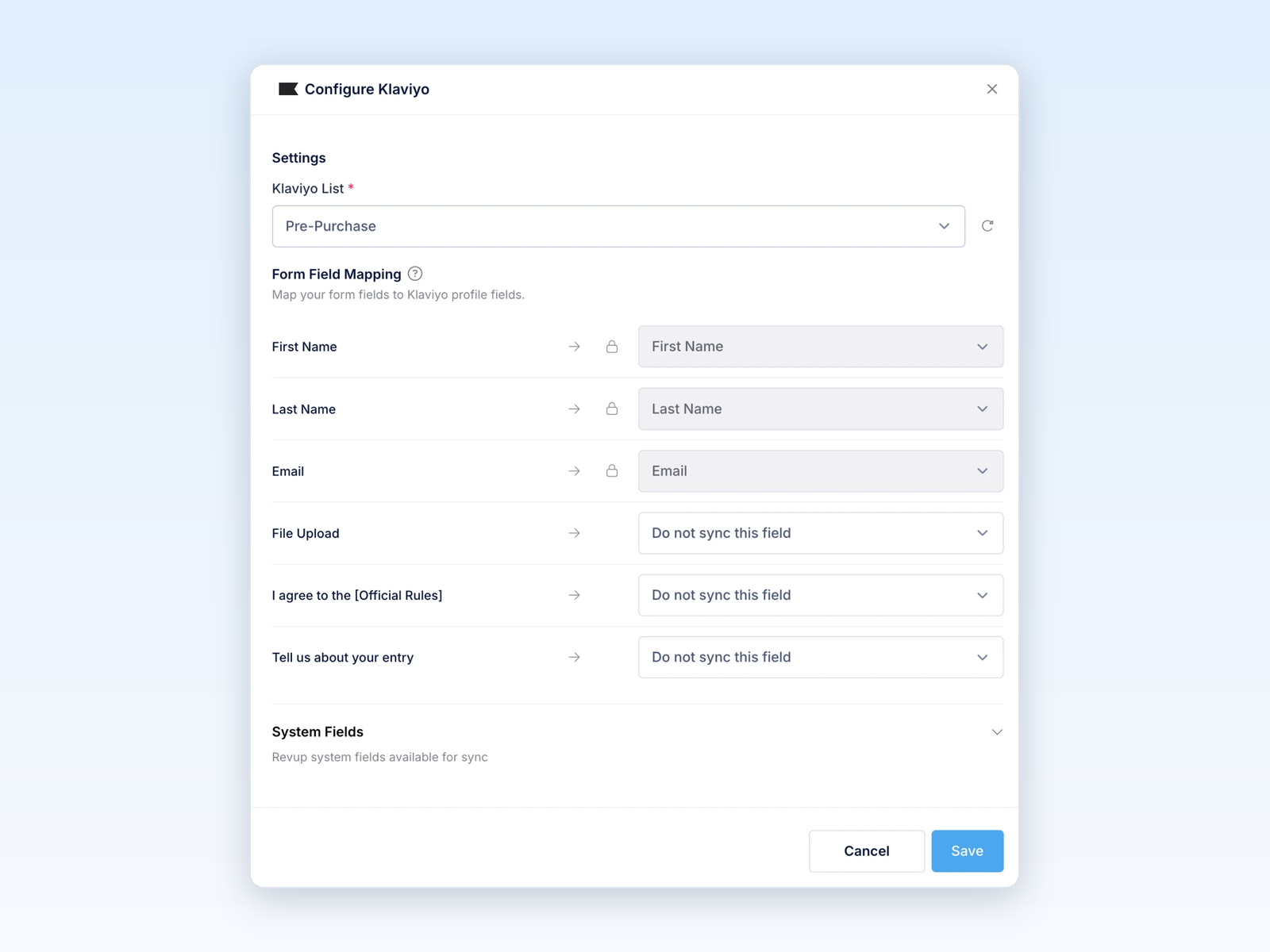 Form Field Mapping with First Name, Last Name, and Email locked and other fields set to Do not sync this field