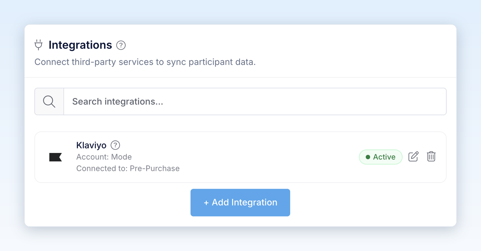 Integrations panel showing the Klaviyo card as Active and connected to a list