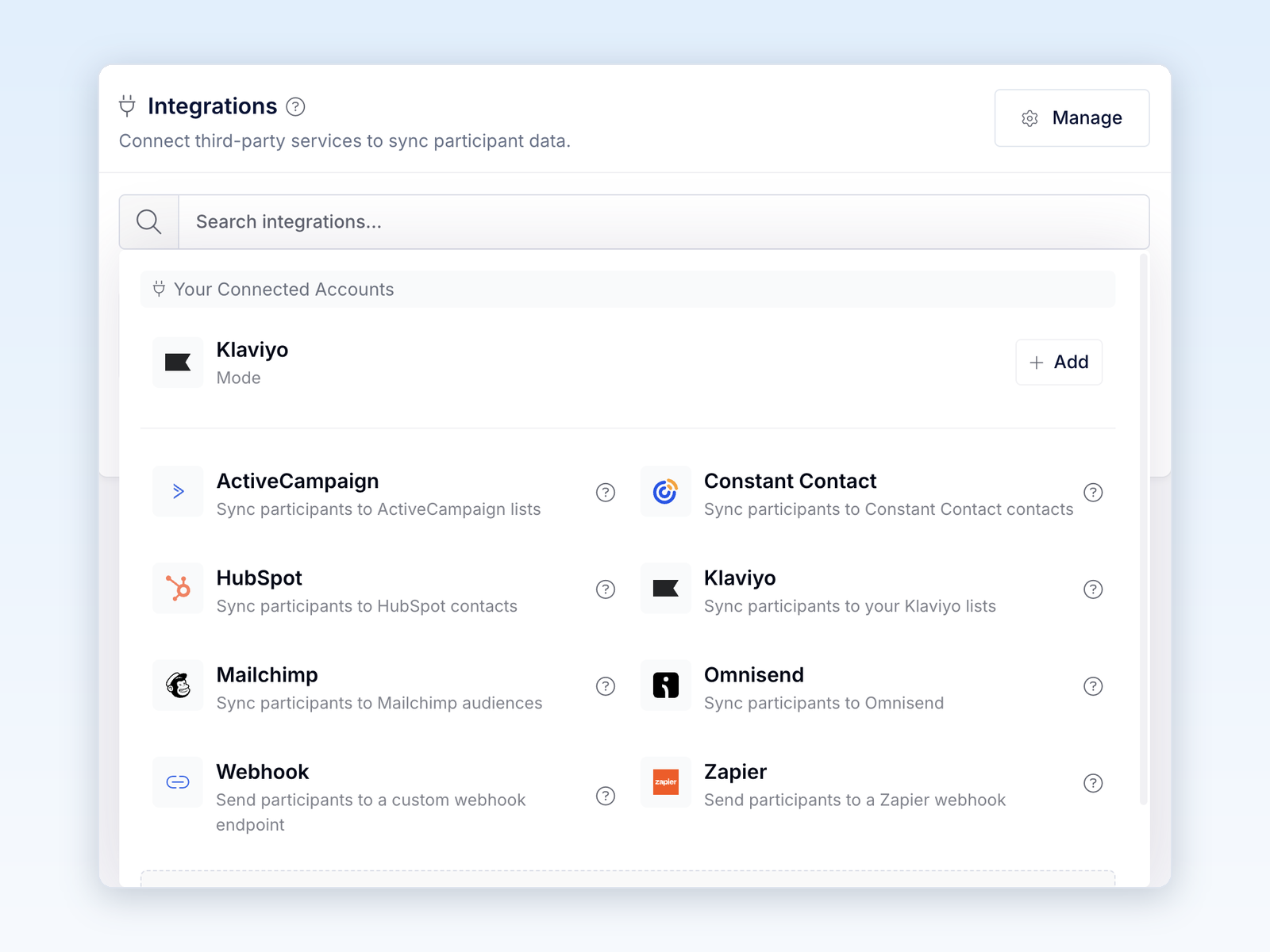 Integration list with Klaviyo under Your Connected Accounts and an Add button