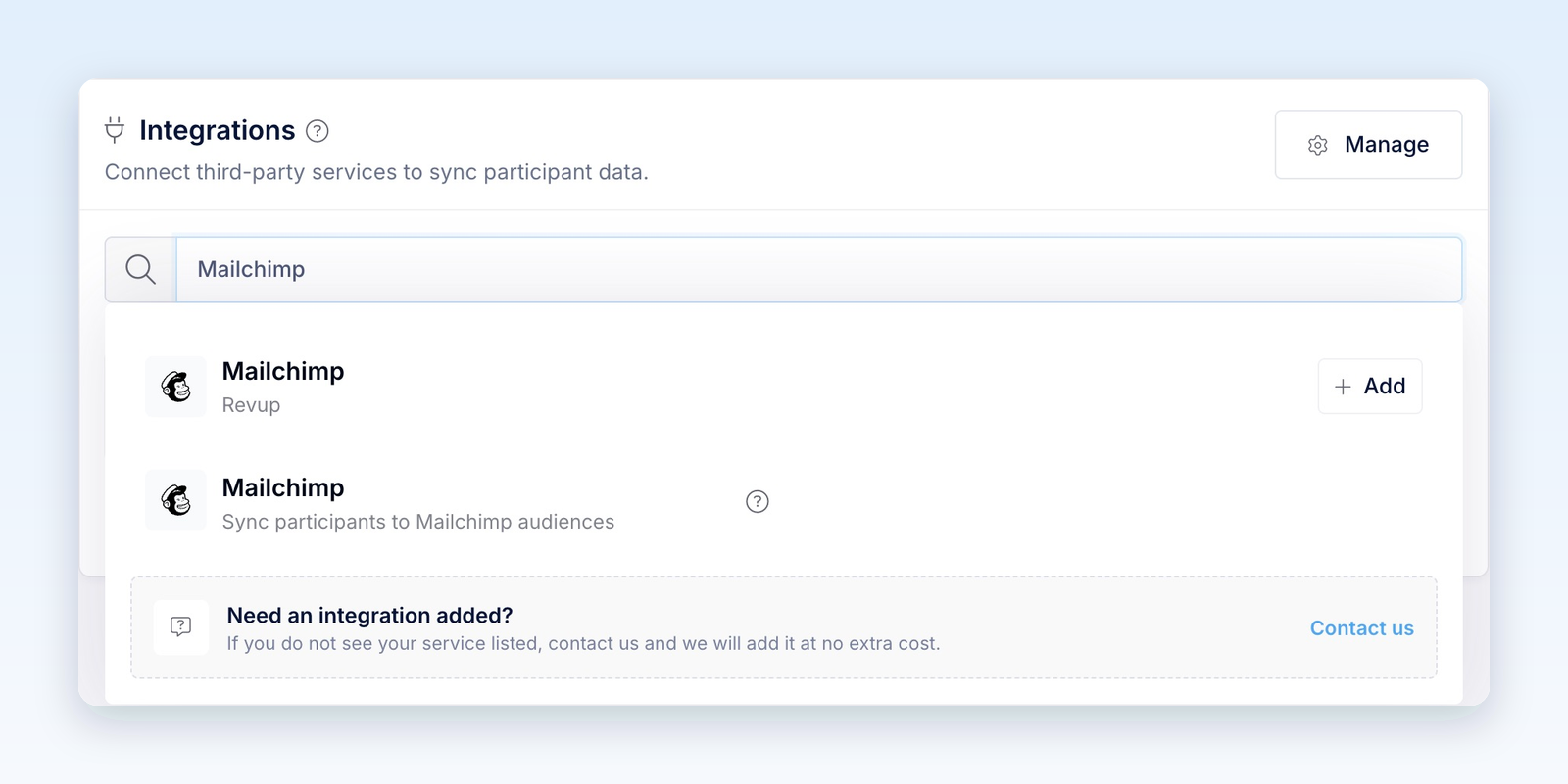 Integration picker filtered to Mailchimp, showing the existing Revup account with an Add button and the Mailchimp connection option