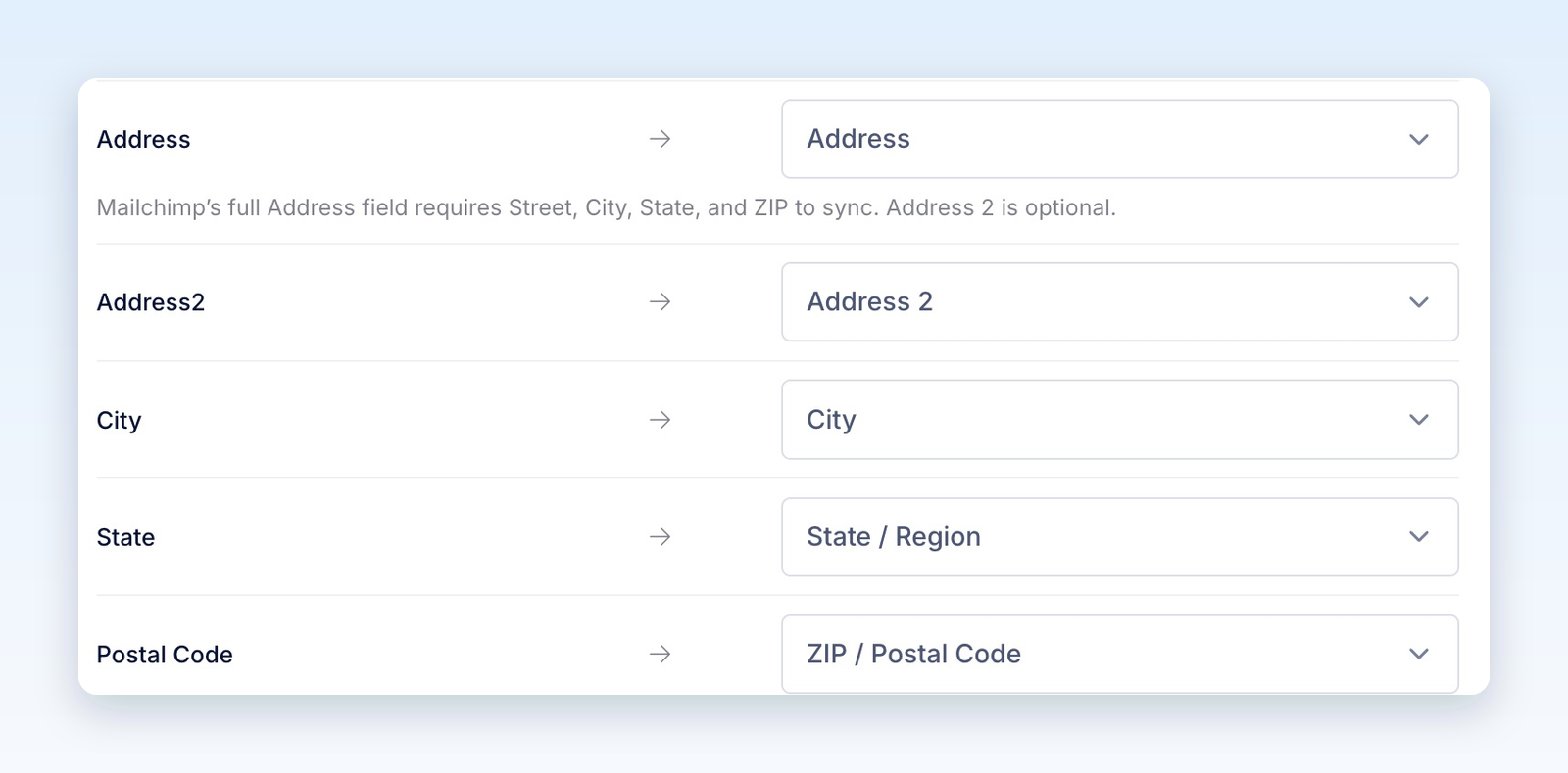 Address, Address2, City, State, and Postal Code rows mapped to Mailchimp address fields