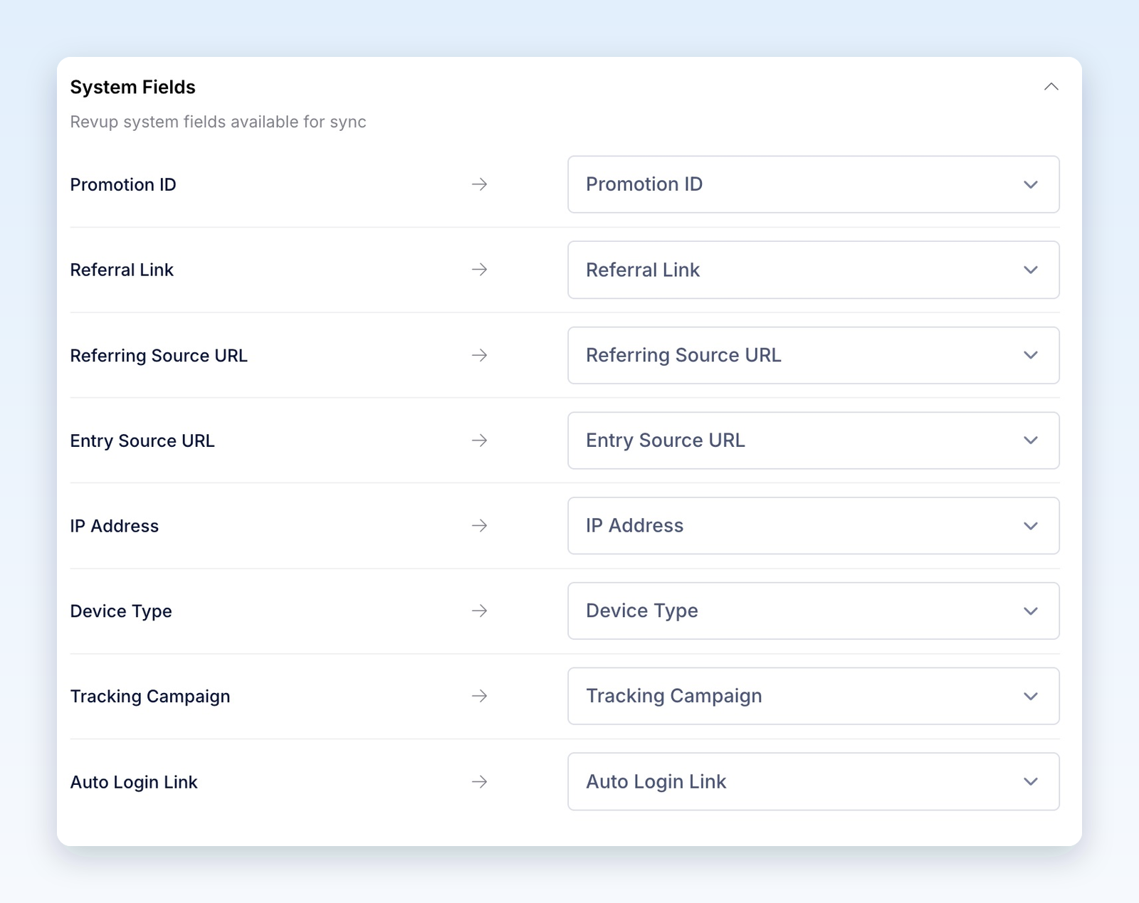 Expanded System Fields showing all eight Revup system mappings