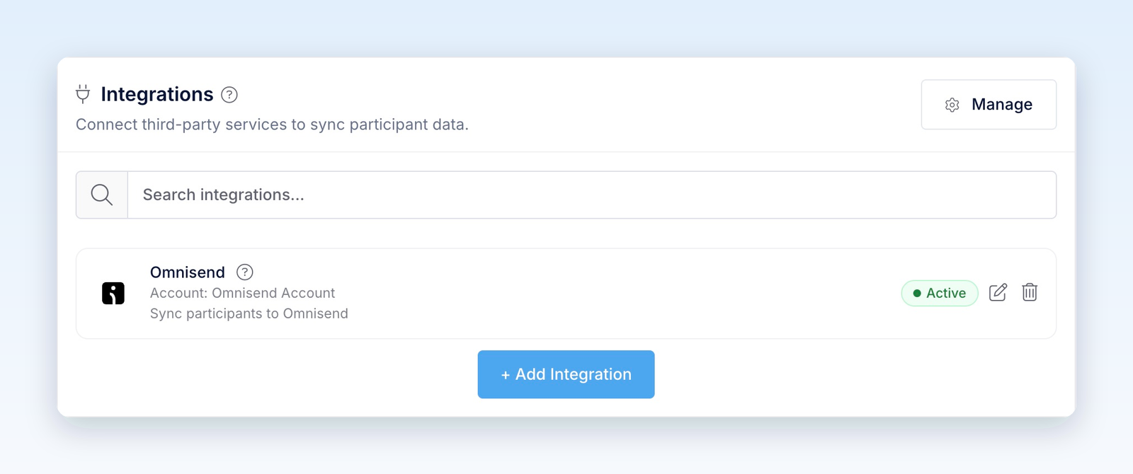 Omnisend integration card showing its connected account, Active status, and edit and delete icons