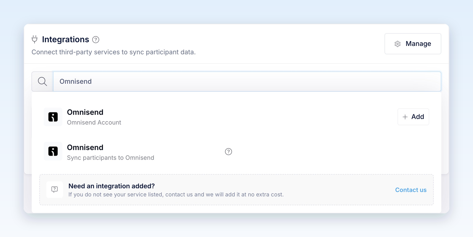 Integration picker showing Omnisend among the available integrations