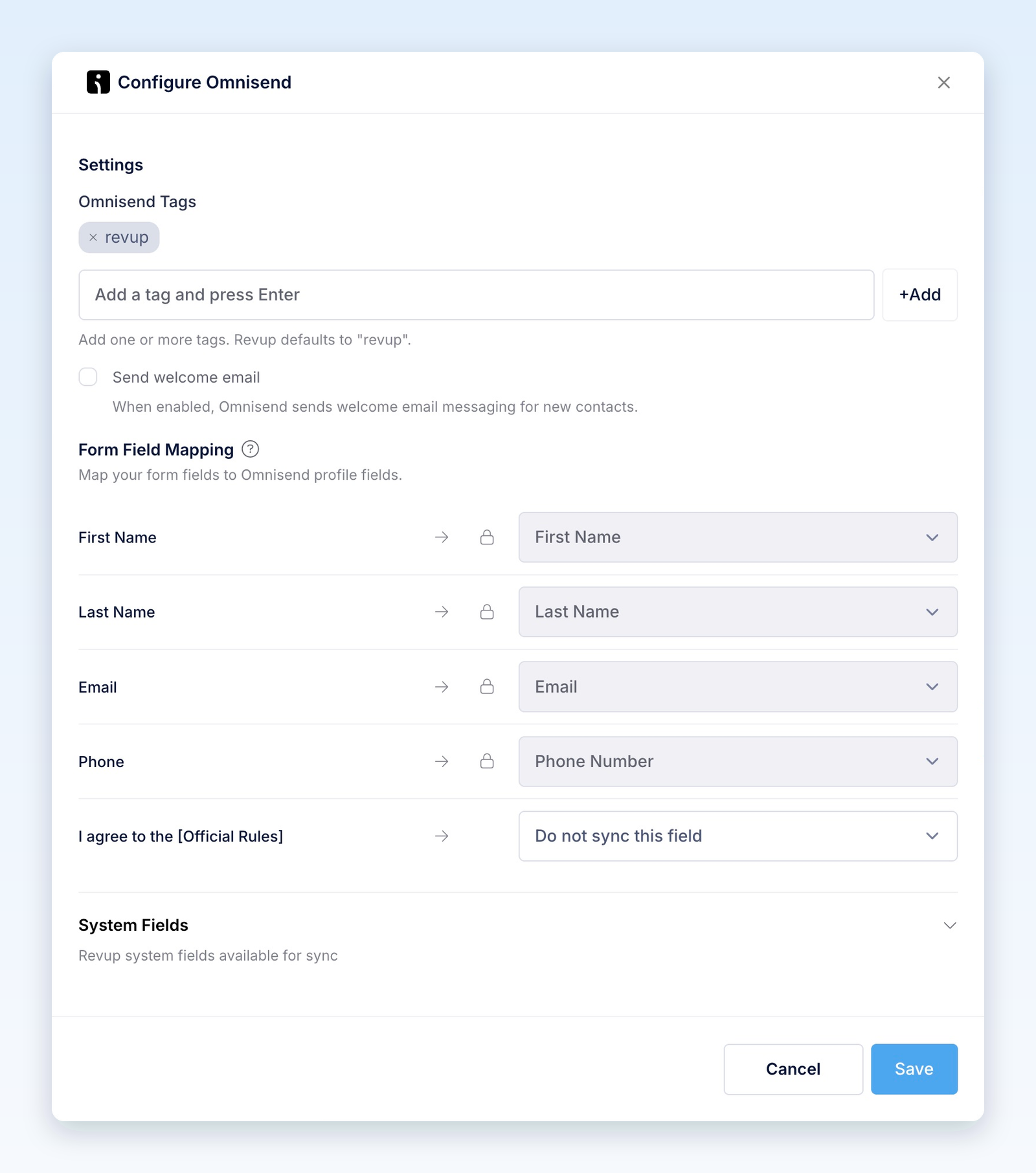 Configure Omnisend showing the revup tag, unchecked Send welcome email setting, locked standard mappings, and Save button