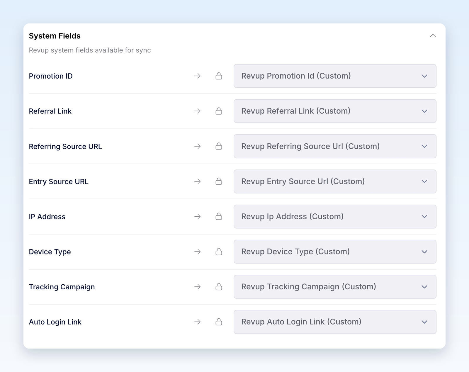 Expanded System Fields showing eight locked mappings to Revup custom properties in Omnisend