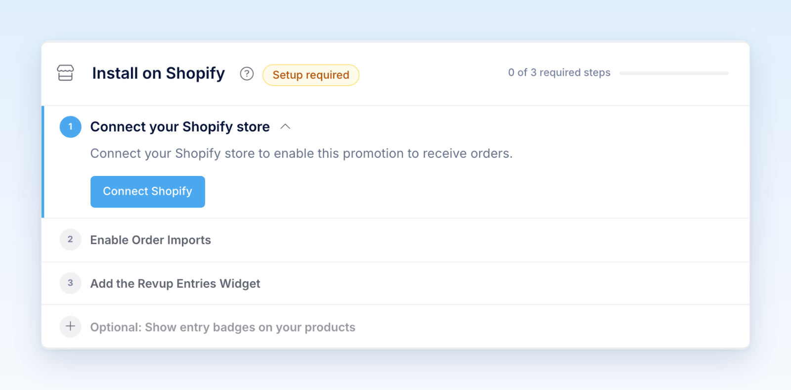 Purchase Sweepstakes Install tab with Connect your Shopify store and the Connect Shopify button
