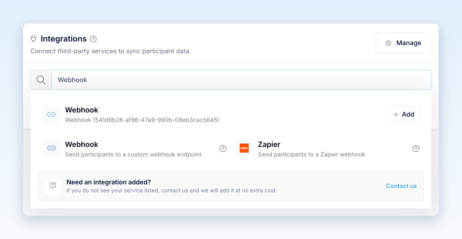 Integrations picker filtered for Webhook, showing a saved endpoint with an Add button and the Webhook connector