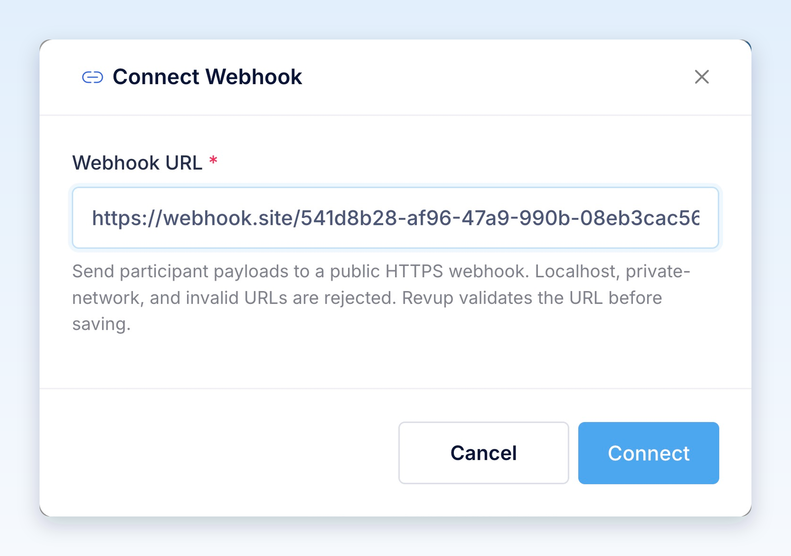 Connect Webhook dialog with a public HTTPS endpoint entered and the Connect button