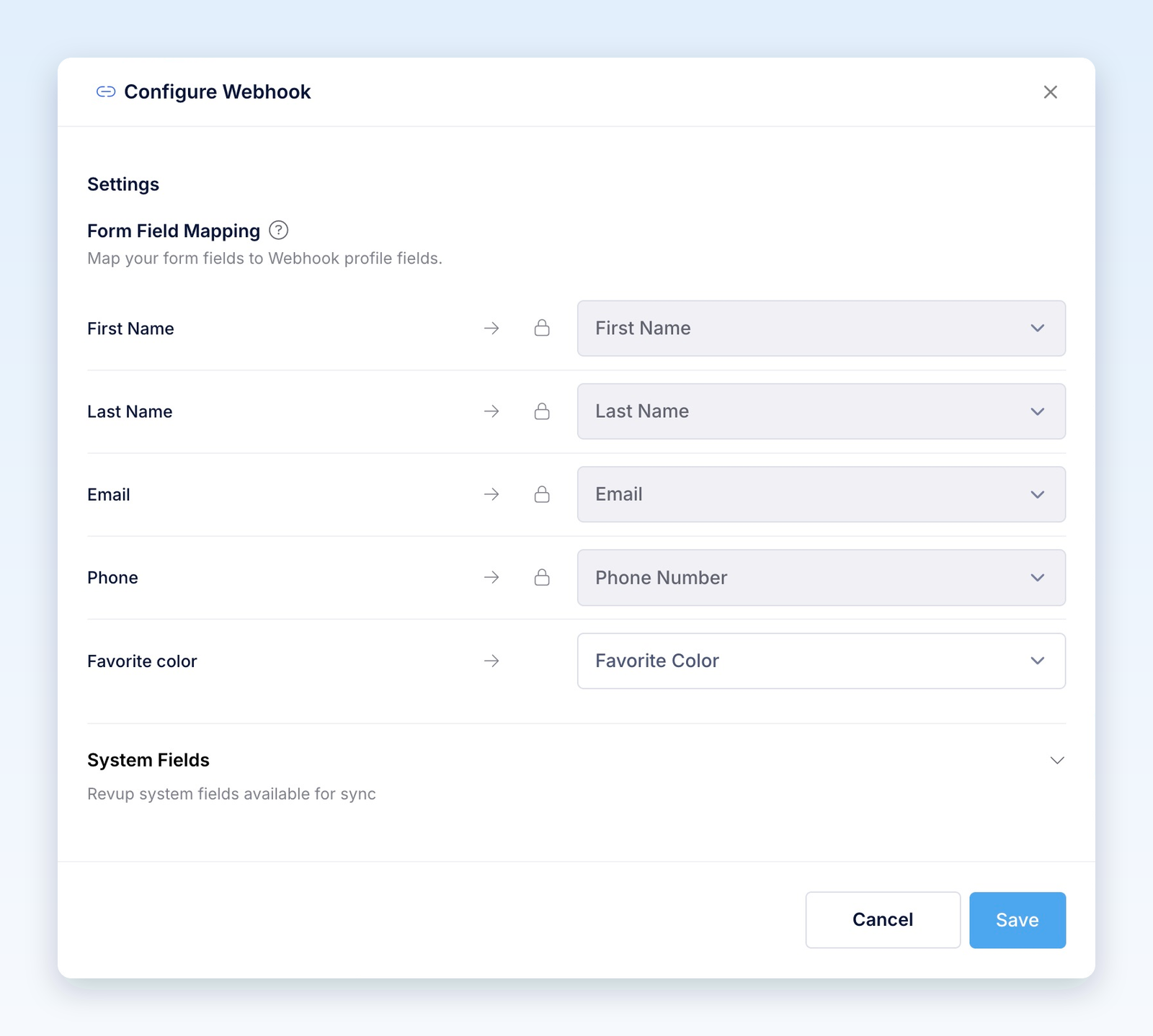 Configure Webhook showing locked contact mappings and Favorite color mapped to a custom field