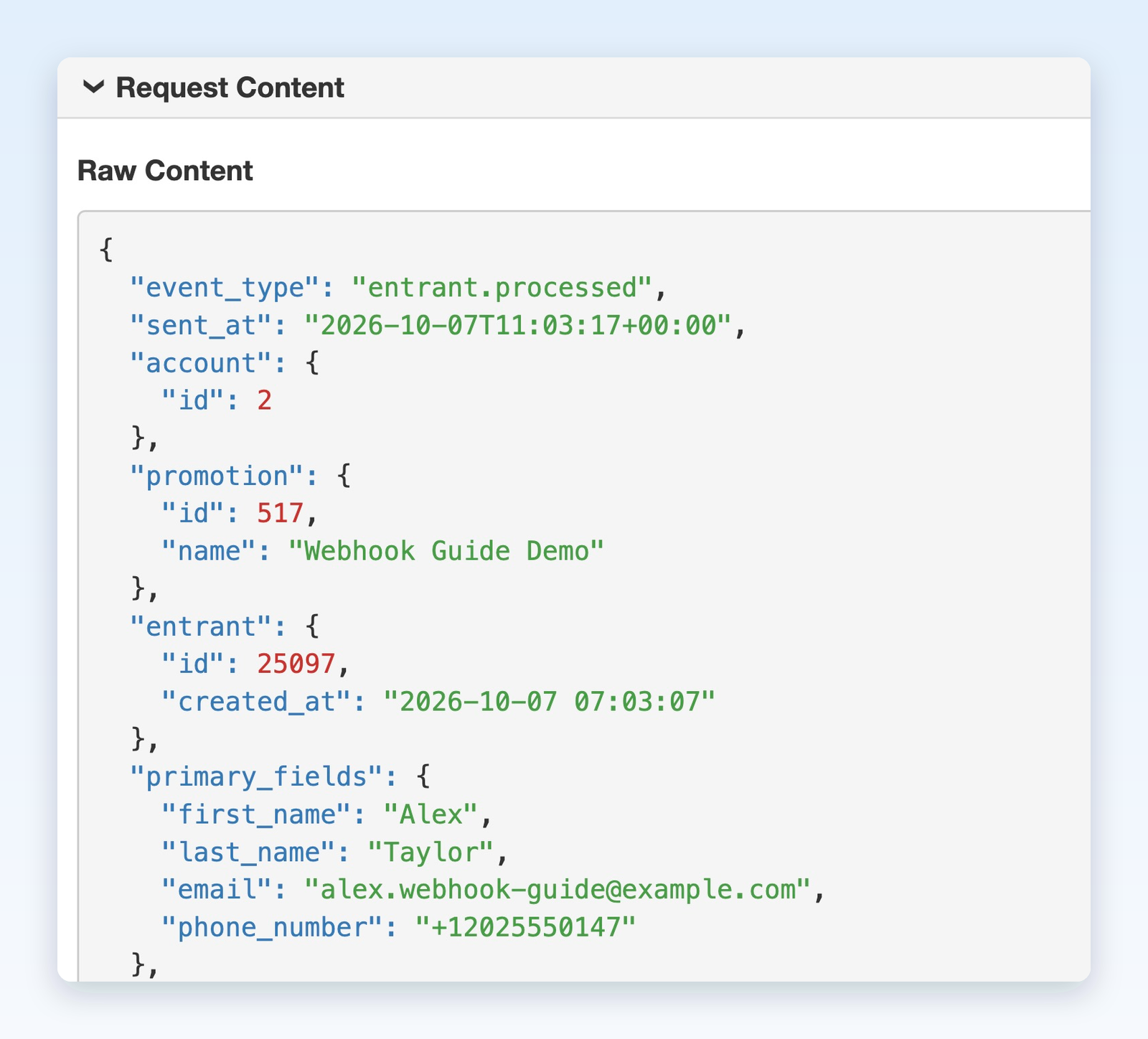 Webhook.site showing the event type, promotion and participant IDs, and sample contact fields from the received JSON request