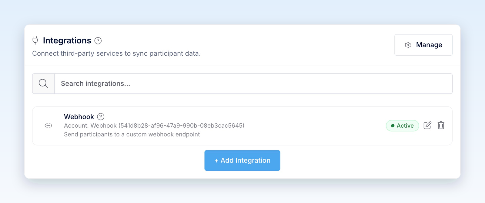 Webhook card marked Active in the promotion's Integrations panel
