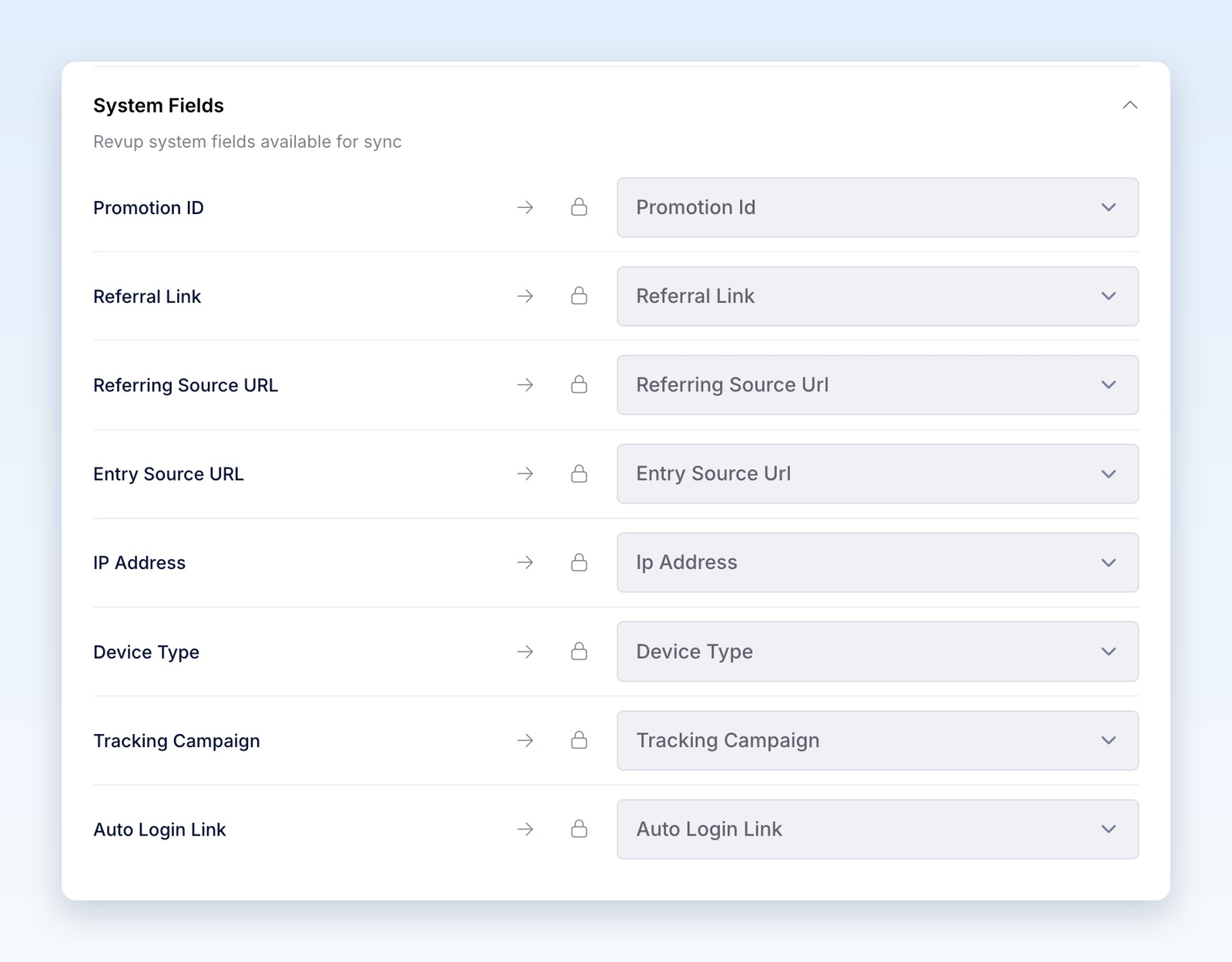 Expanded System Fields showing the eight locked webhook mappings