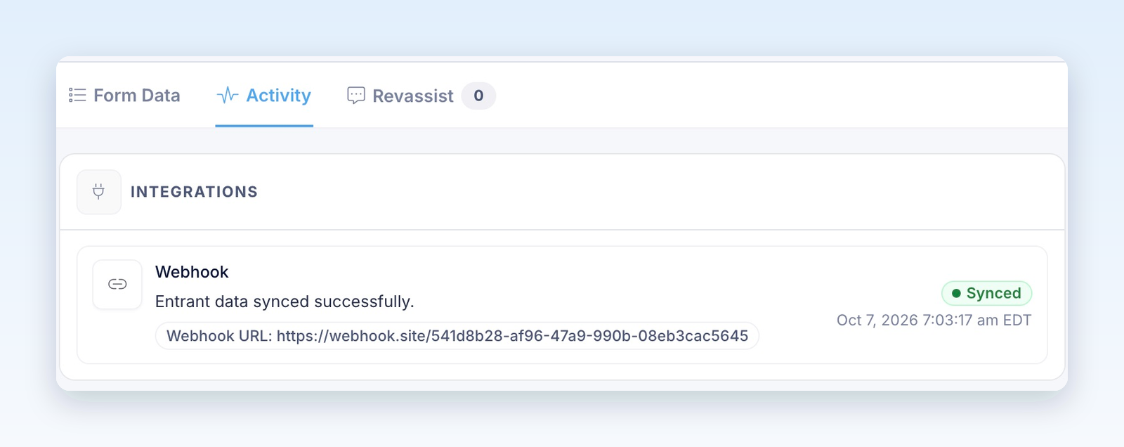 Participant Activity showing Webhook with a Synced status and a successful delivery message