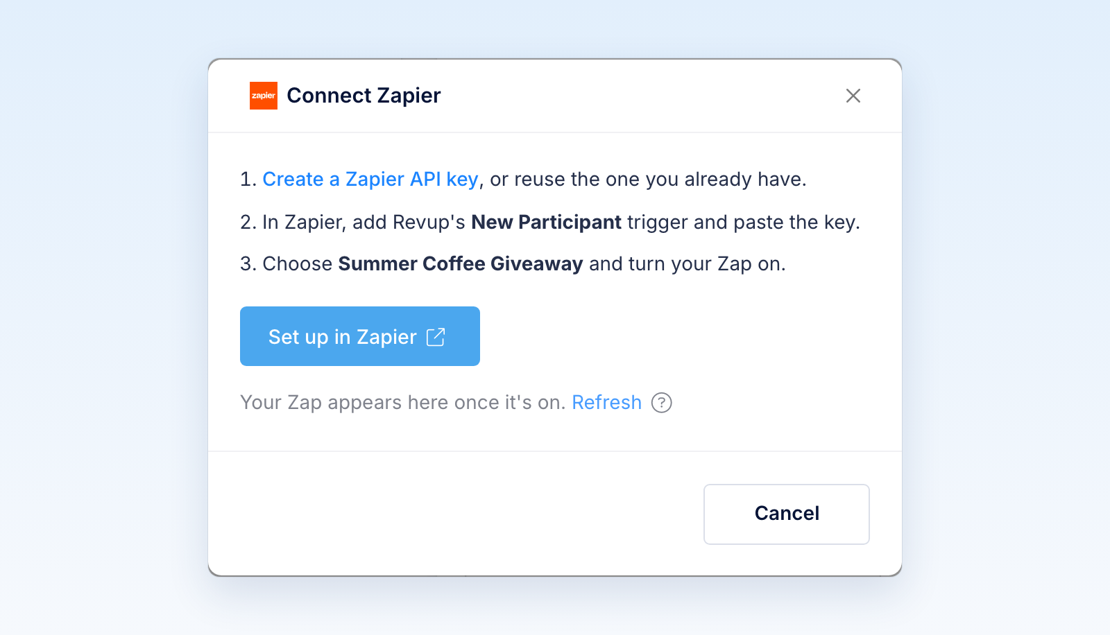 Connect Zapier window with three setup steps and a Set up in Zapier button