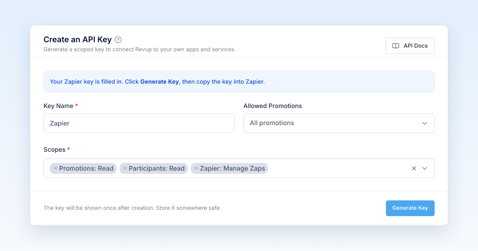 Create an API Key form prefilled with the key name Zapier, All promotions, and the Promotions Read, Participants Read, and Zapier Manage Zaps scopes