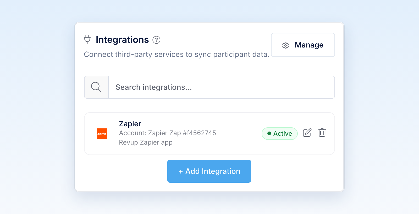 Integrations panel showing a Zapier card marked Active