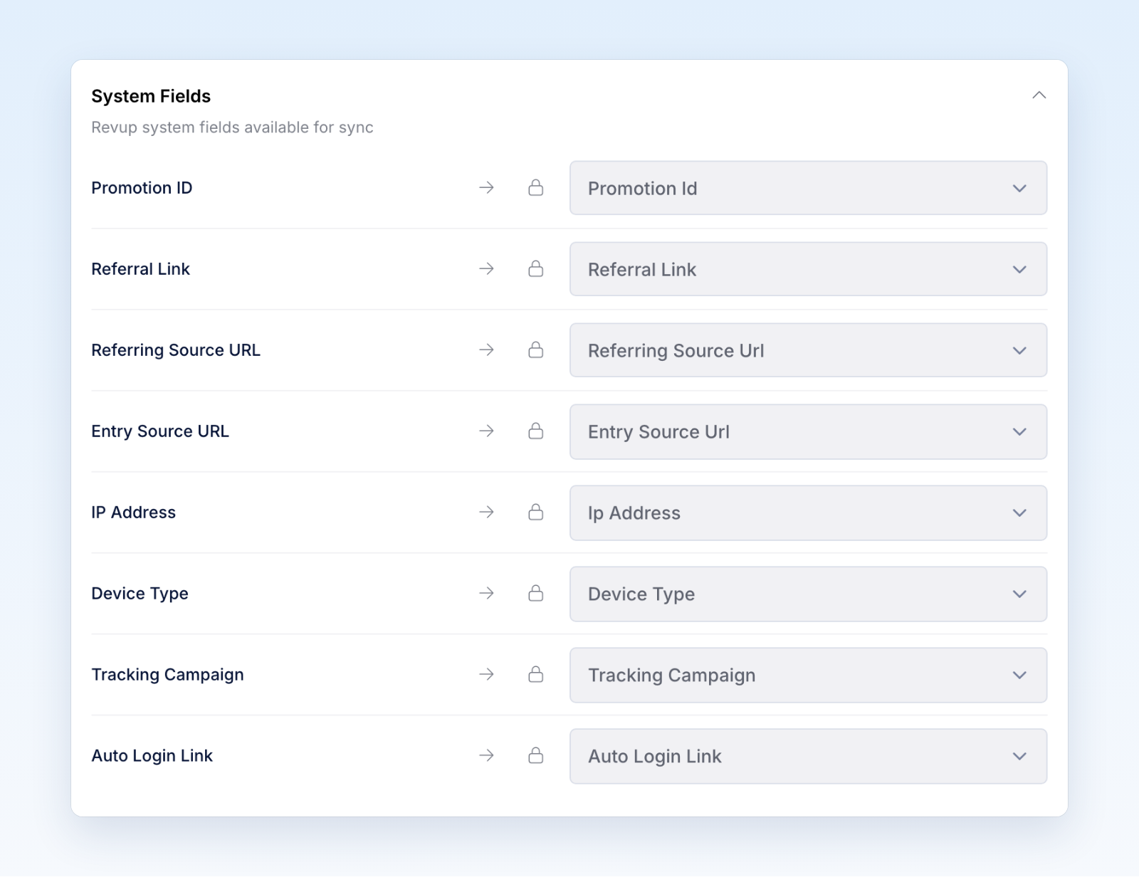 System Fields section with locked Revup fields