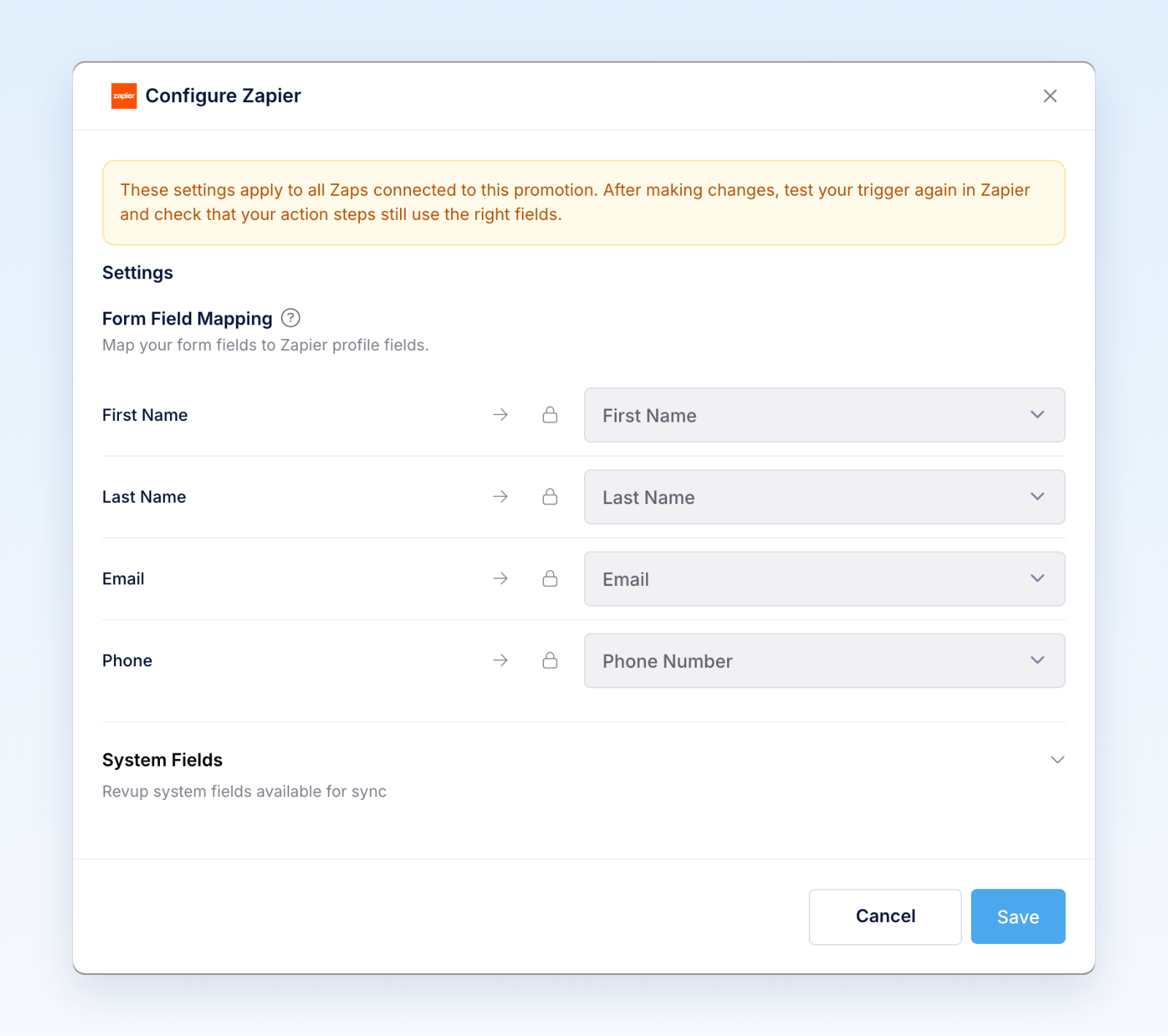 Configure Zapier window with a note that settings apply to all Zaps on the promotion and locked core fields