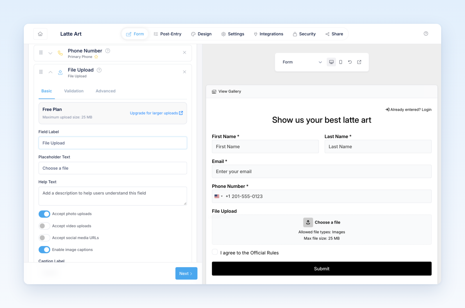 Contest File Upload field with photo, video, and caption options, and the upload box in the preview
