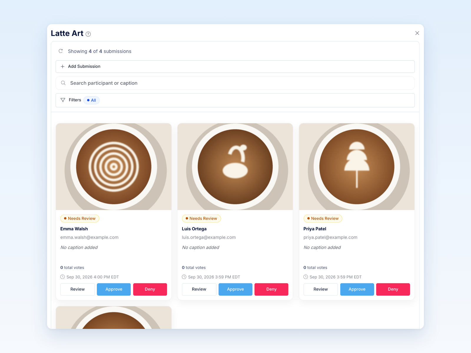 Moderation tab with contest submissions waiting for review