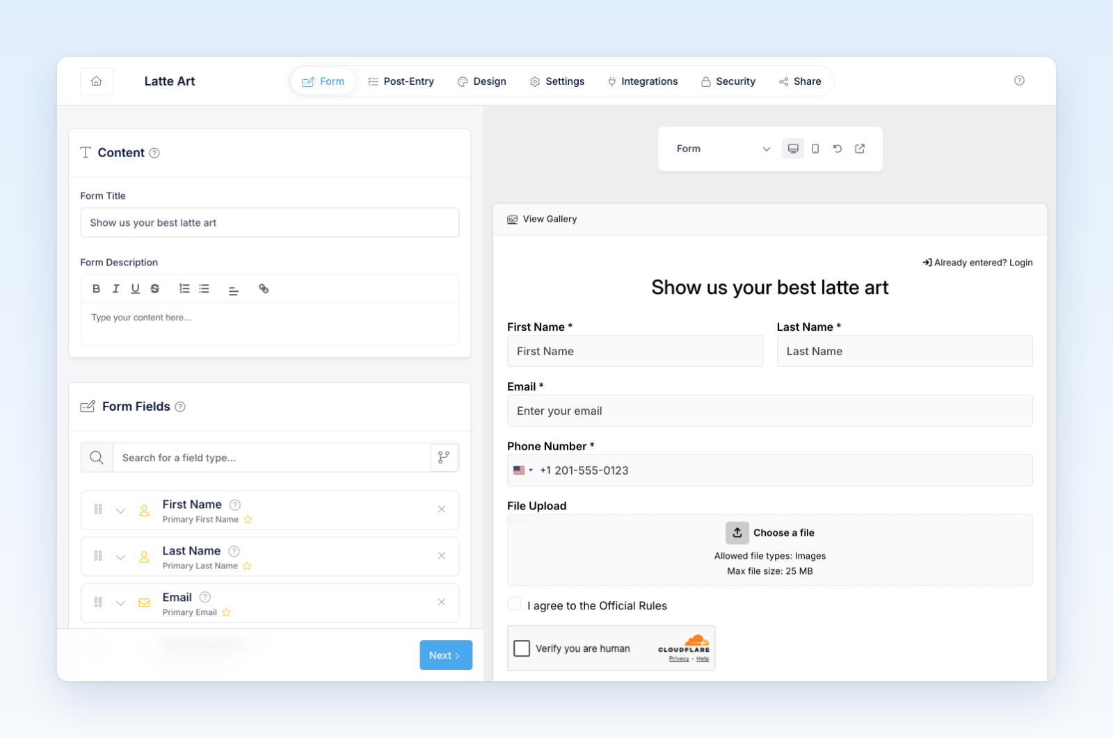 Contest builder Form tab with a preview that includes the File Upload field