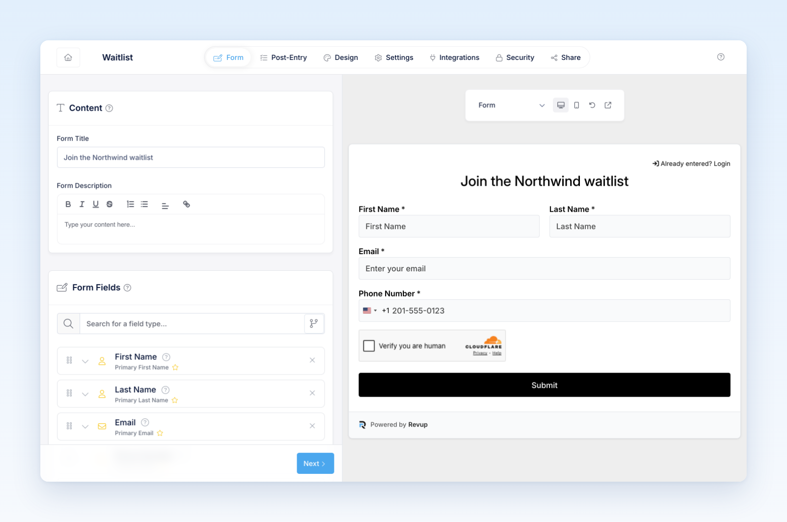 Form builder with the Form Title, Form Fields list, and a live preview of the form