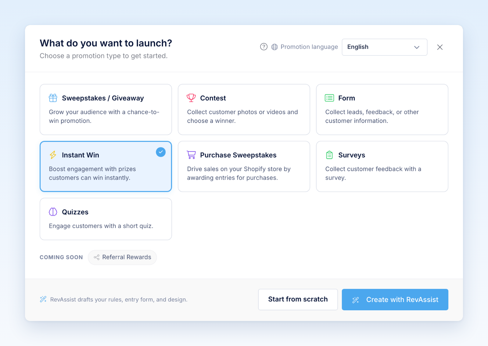 What do you want to launch? window with Instant Win selected