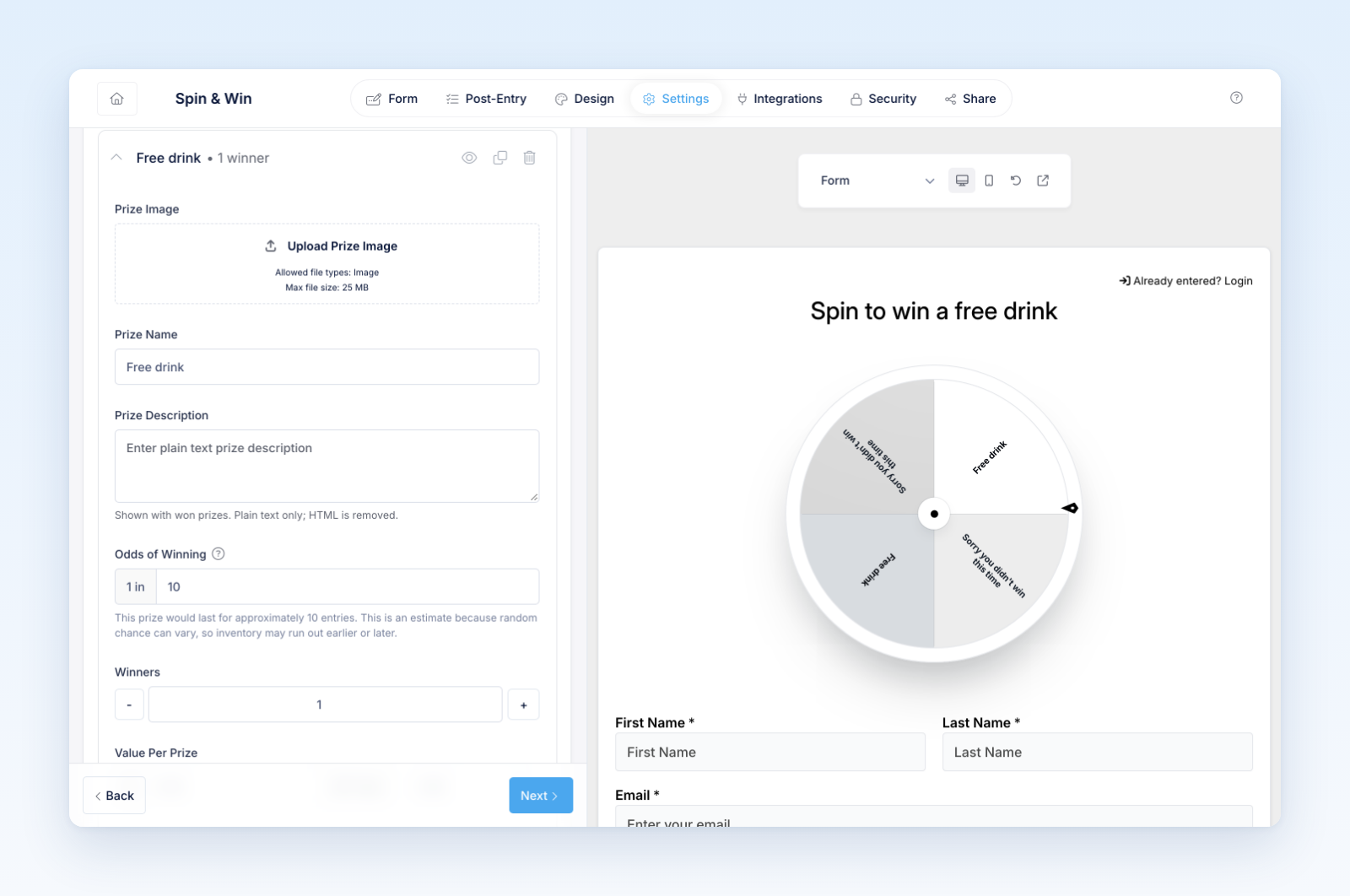 Instant Win prize settings with the prize name, Odds of Winning, and Winners fields next to the prize wheel preview
