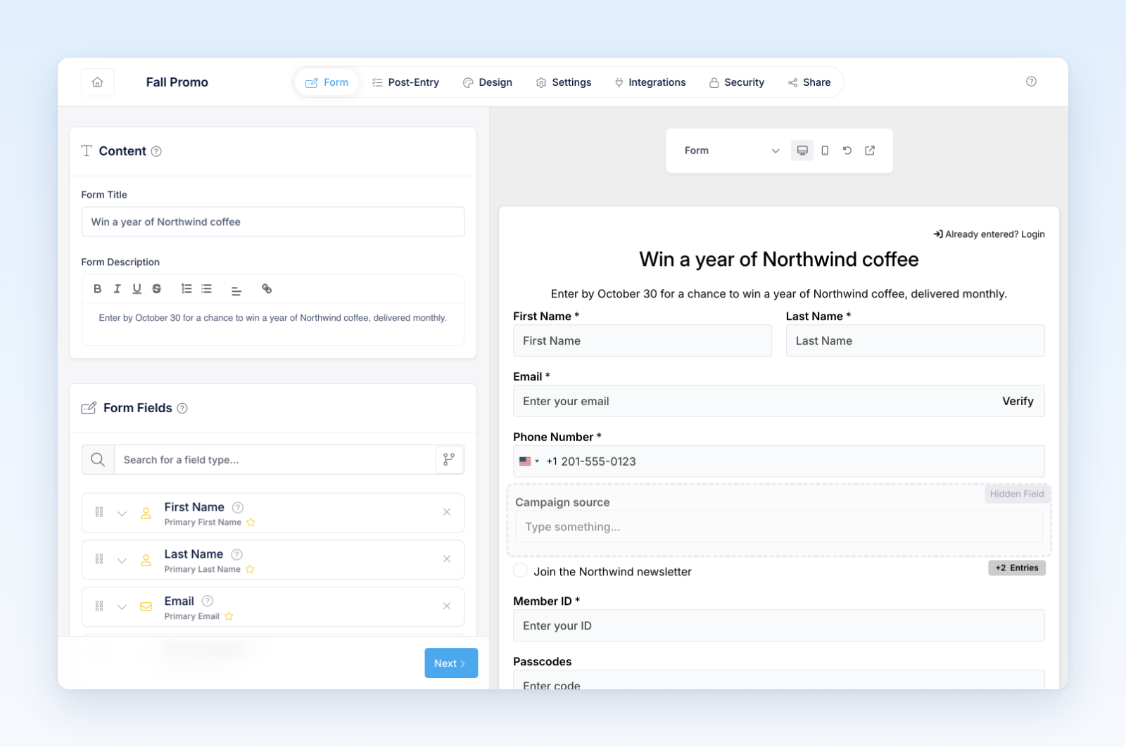 Content card with Form Title and Form Description, shown as the heading and intro text in the preview