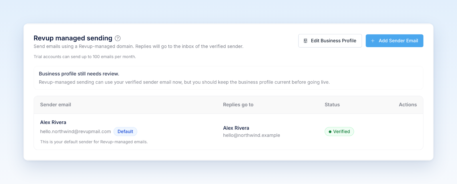 Revup managed sending card with Edit Business Profile, Add Sender Email, and a verified default sender